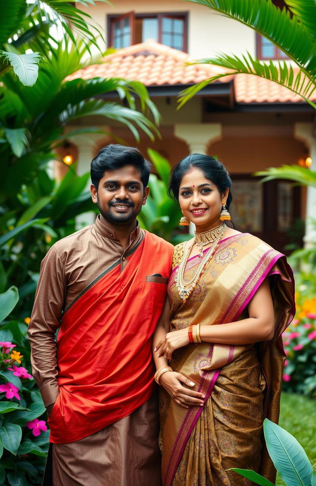 A portrait of a young, wealthy couple from Kerala, India, exuding elegance and charm