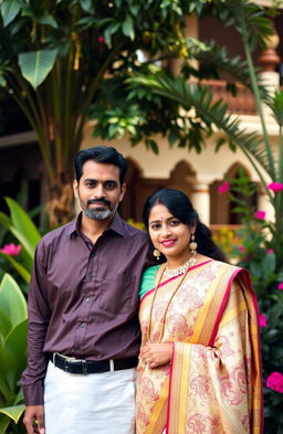 A portrait of a young, wealthy couple from Kerala, India, exuding elegance and charm