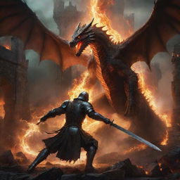 A dramatic painterly-styled scene of a knight battling a dragon in fiery ruins, illuminated by dynamic lightning bolts that highlight the intense action.