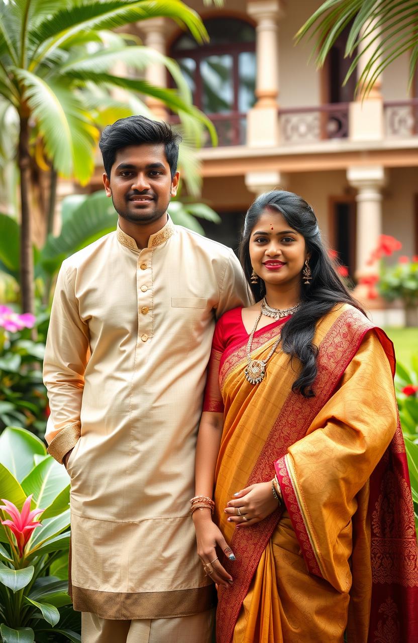 A portrait of a young, wealthy couple from Kerala, India, exuding elegance and charm