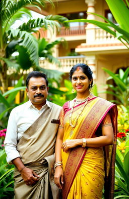 A portrait of a young, wealthy couple from Kerala, India, exuding elegance and charm