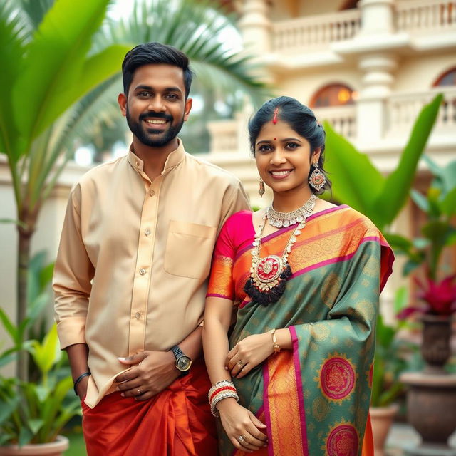 A portrait of a young, affluent couple from Kerala, India, radiating sophistication and style