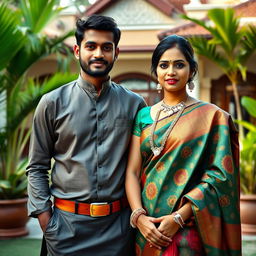 A portrait of a young, affluent couple from Kerala, India, radiating sophistication and style