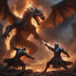 A dramatic painterly-styled scene of a knight battling a dragon in fiery ruins, illuminated by dynamic lightning bolts that highlight the intense action.