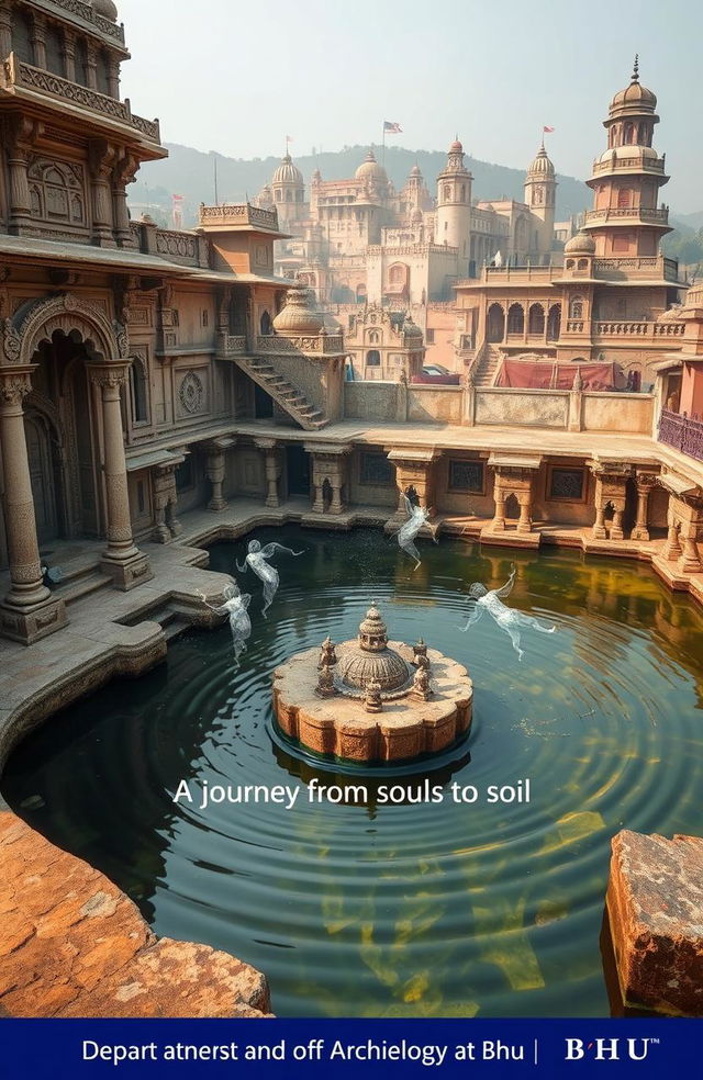 An intricate scene depicting an ancient kund in Varanasi, showcasing its historical significance and connection to spirituality