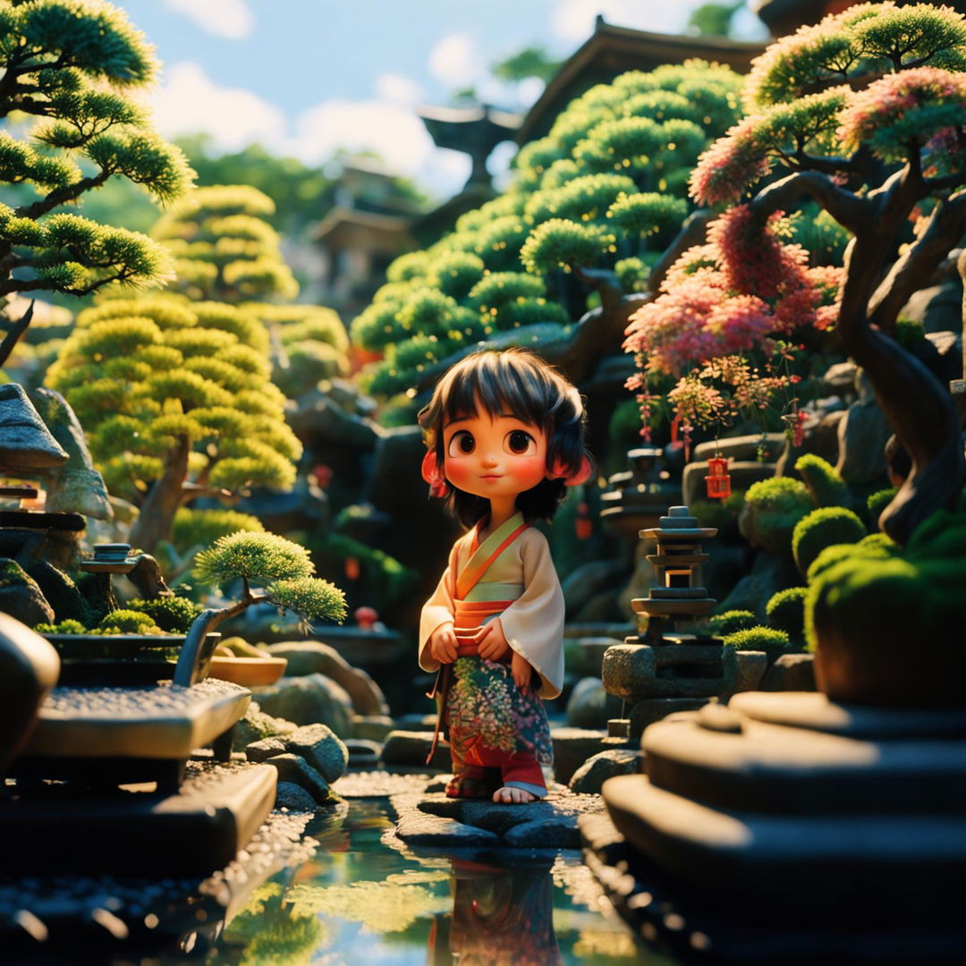 A close-up, high-definition Pixar-style scene of a Japanese girl in a vibrant bonsai garden.