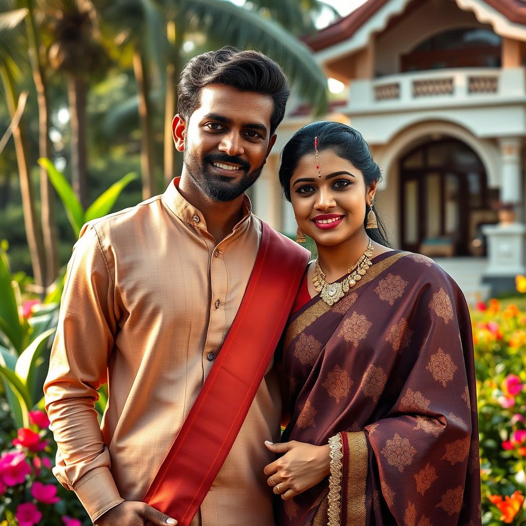 A captivating portrait of a young, affluent couple from Kerala, India, radiating sophistication and modern elegance