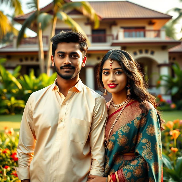 A captivating portrait of a young, affluent couple from Kerala, India, radiating sophistication and modern elegance