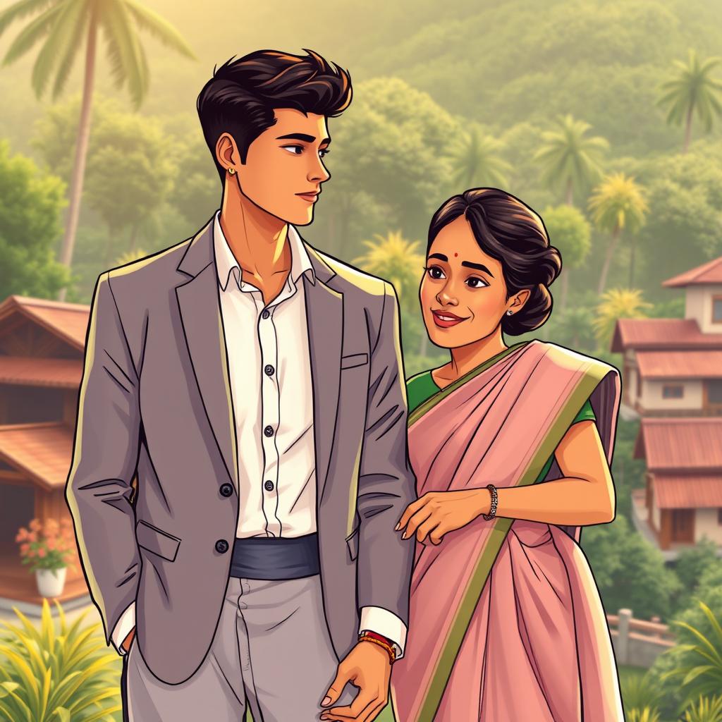 A poignant illustration of a young, wealthy man from Kerala standing alongside his wife, who represents resilience and grace from a humble background