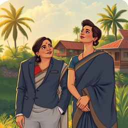 A poignant illustration of a young, wealthy man from Kerala standing alongside his wife, who represents resilience and grace from a humble background