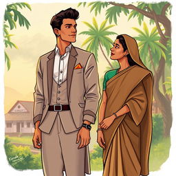 A poignant illustration of a young, wealthy man from Kerala standing alongside his wife, who represents resilience and grace from a humble background
