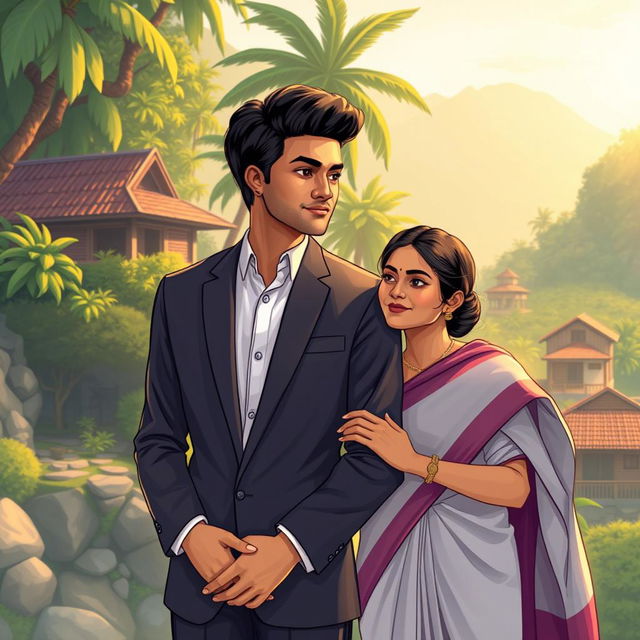 A poignant illustration of a young, wealthy man from Kerala standing alongside his wife, who represents resilience and grace from a humble background