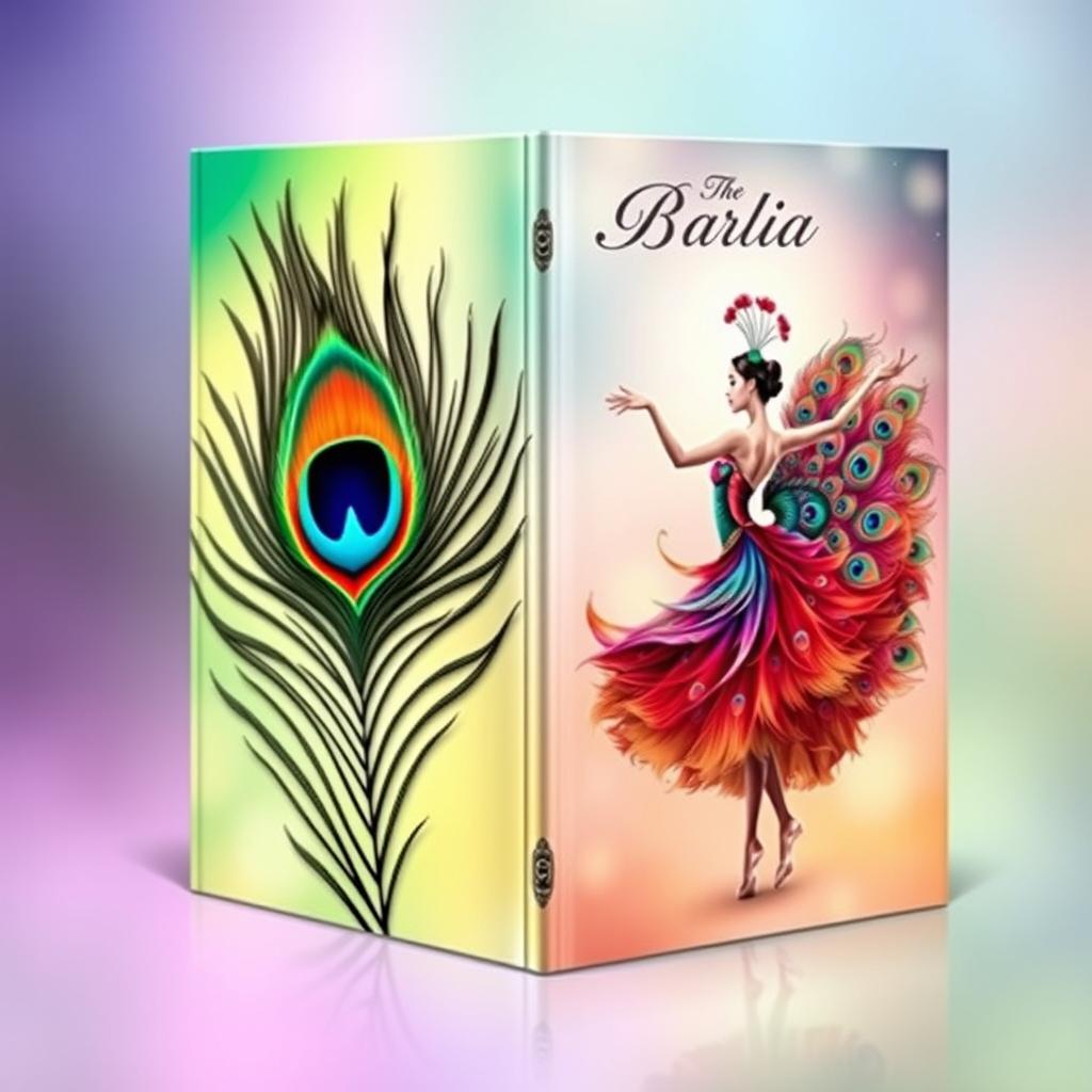 A striking book cover design featuring a vibrant peacock feather on one side, with its intricate patterns and rich colors radiating beauty