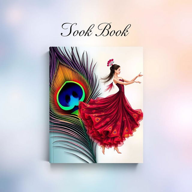 A striking book cover design featuring a vibrant peacock feather on one side, with its intricate patterns and rich colors radiating beauty