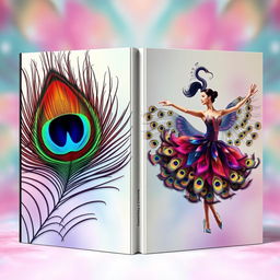 A striking book cover design featuring a vibrant peacock feather on one side, with its intricate patterns and rich colors radiating beauty