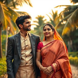 A heartfelt scene depicting a young, wealthy man from Kerala standing lovingly beside his wife, who comes from a humble background