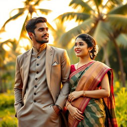 A heartfelt scene depicting a young, wealthy man from Kerala standing lovingly beside his wife, who comes from a humble background