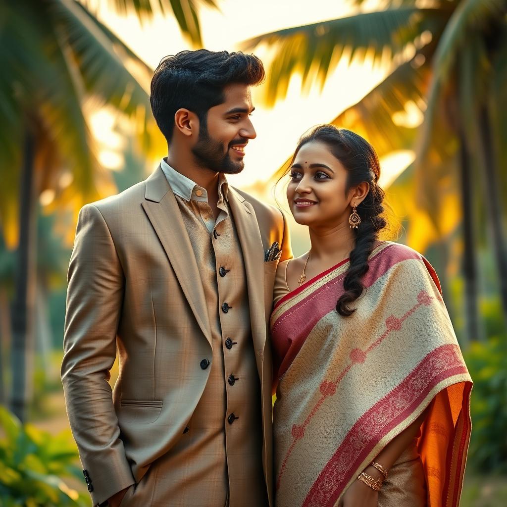 A heartfelt scene depicting a young, wealthy man from Kerala standing lovingly beside his wife, who comes from a humble background