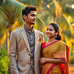 A heartfelt scene depicting a young, wealthy man from Kerala standing lovingly beside his wife, who comes from a humble background