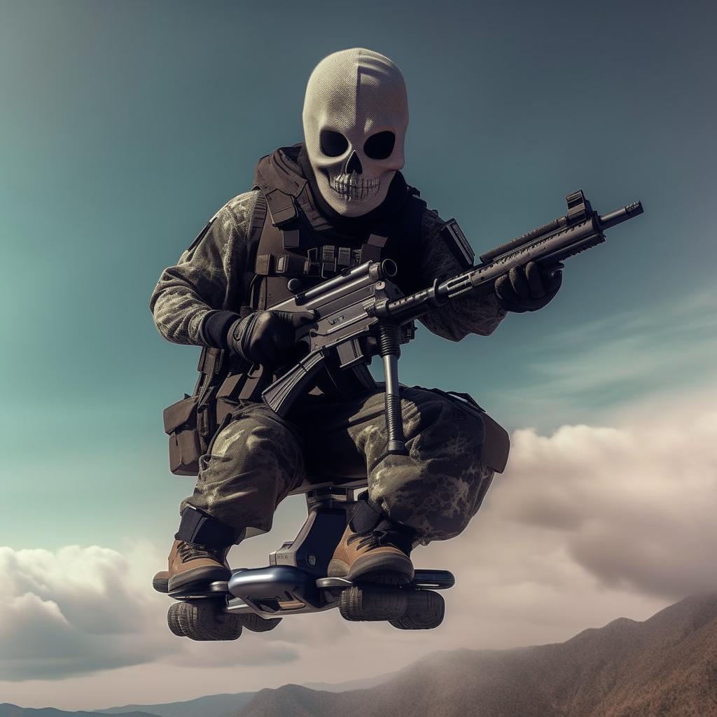 A rifle-armed kidnapper donned in a skeleton face mask and standard bullet-proof vest, daringly gliding on a hover-board in the vast sky.