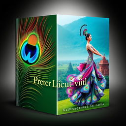 A captivating book cover design showcasing a vibrant peacock feather on the left half, displaying its intricate patterns and brilliant colors