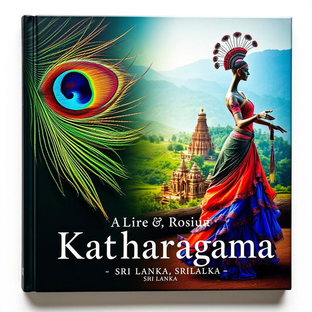 A captivating book cover design showcasing a vibrant peacock feather on the left half, displaying its intricate patterns and brilliant colors