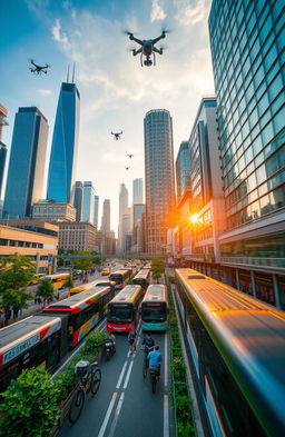 A vibrant cityscape showcasing various forms of transportation including colorful buses, sleek modern trains, and bicycles