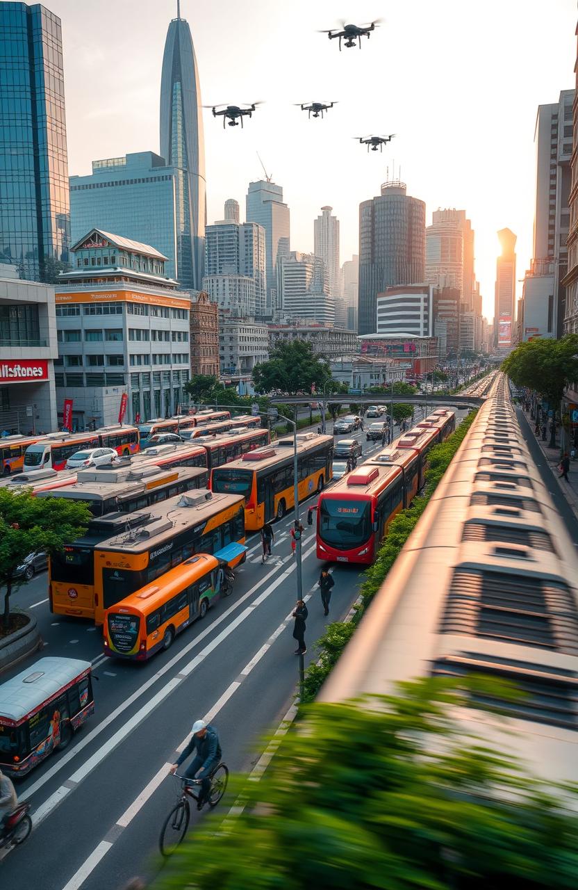 A vibrant cityscape showcasing various forms of transportation including colorful buses, sleek modern trains, and bicycles