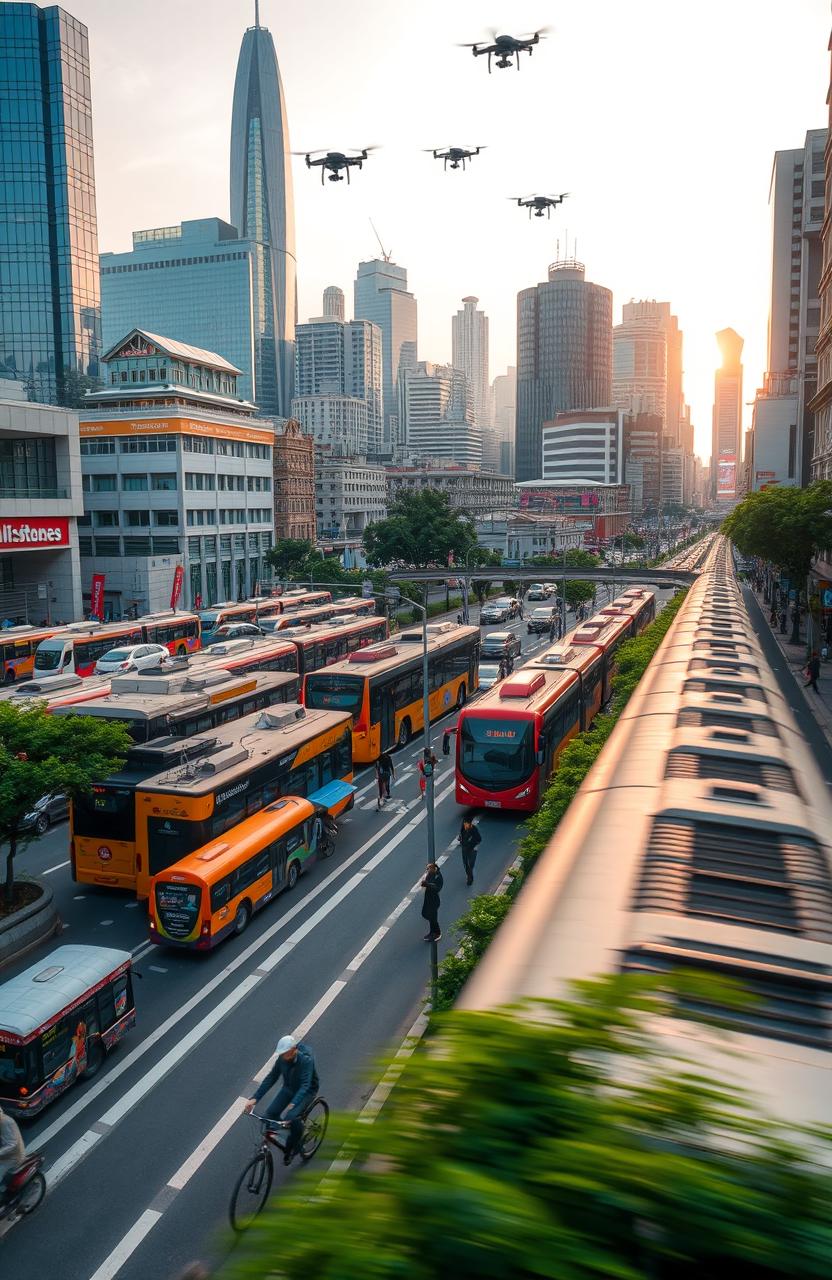 A vibrant cityscape showcasing various forms of transportation including colorful buses, sleek modern trains, and bicycles
