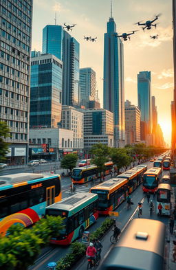 A vibrant cityscape showcasing various forms of transportation including colorful buses, sleek modern trains, and bicycles