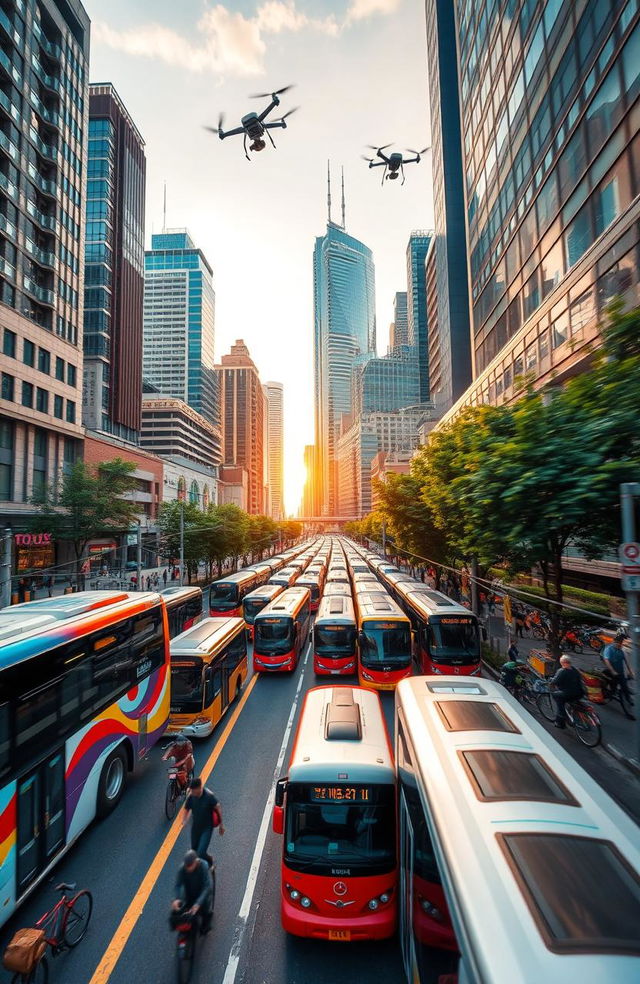 A vibrant cityscape showcasing various forms of transportation including colorful buses, sleek modern trains, and bicycles