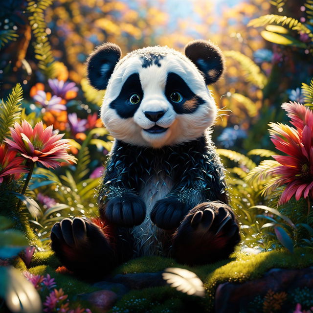 A cute panda in a vibrant, high-definition Pixar-style forest scene, radiating happy vibes.