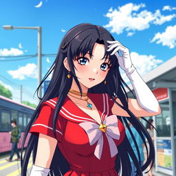 A stunning magical girl inspired by Sailor Mars, depicted as a solo character with long black hair styled beautifully, wearing a red sailor collar and pleated skirt