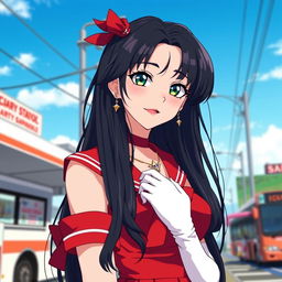 A stunning magical girl inspired by Sailor Mars, depicted as a solo character with long black hair styled beautifully, wearing a red sailor collar and pleated skirt