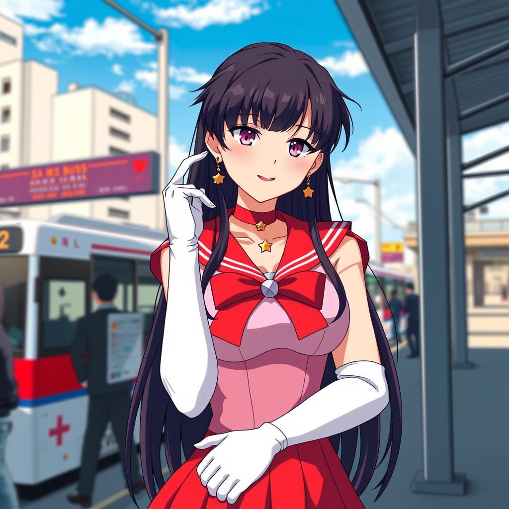 A stunning magical girl inspired by Sailor Mars, depicted as a solo character with long black hair styled beautifully, wearing a red sailor collar and pleated skirt