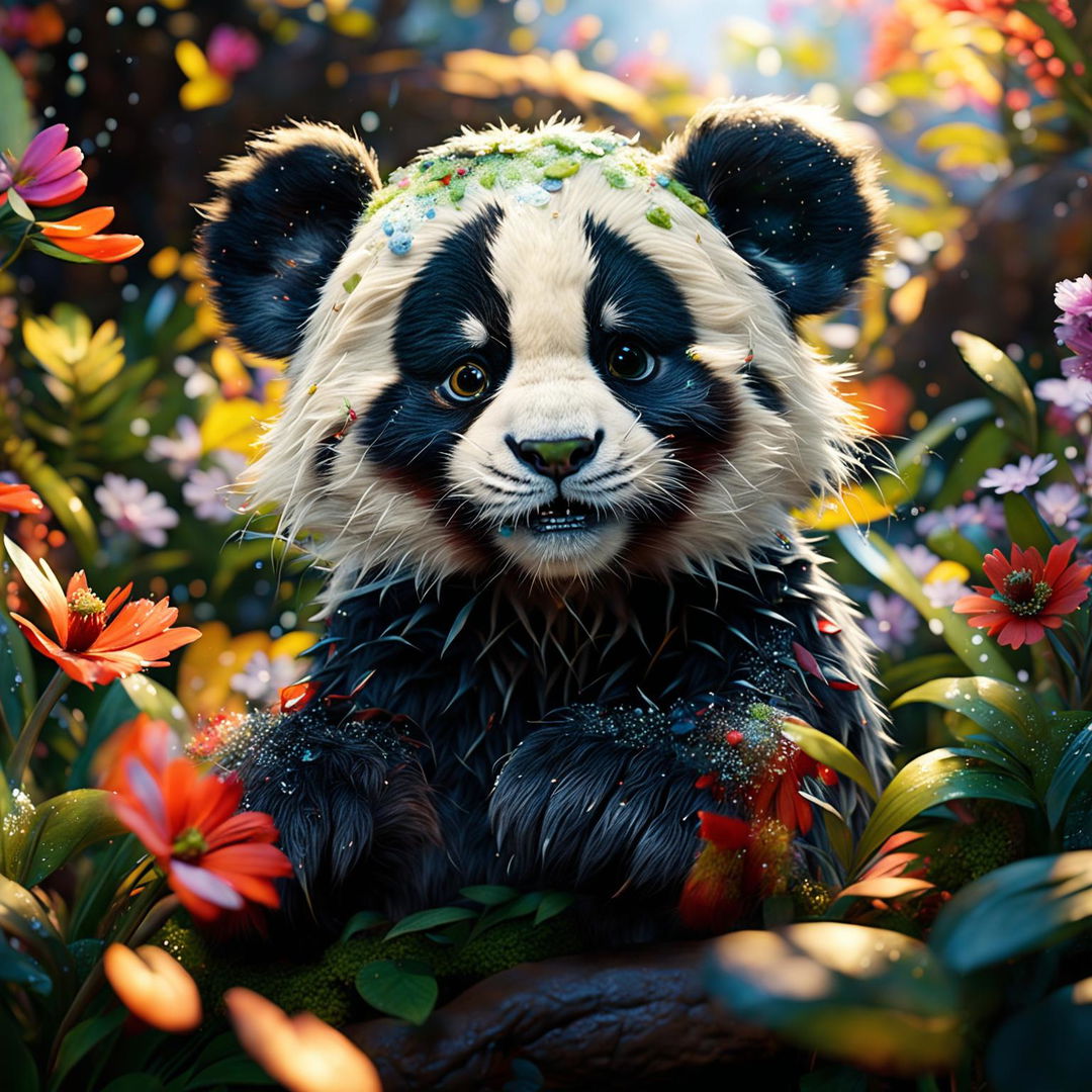 A classic Pixar-style scene featuring a cute panda in a vibrant, high-definition forest, embodying the essence of Pixar's storytelling.