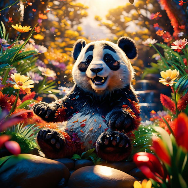 A classic Pixar-style scene featuring a cute panda in a vibrant forest, embodying the essence of Pixar's storytelling.