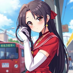 A captivating illustration of a magical girl inspired character with long black hair styled elegantly, wearing a red sailor collar outfit complemented with a pleated skirt