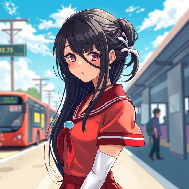 A captivating illustration of a magical girl inspired character with long black hair styled elegantly, wearing a red sailor collar outfit complemented with a pleated skirt