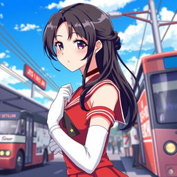 A captivating illustration of a magical girl inspired character with long black hair styled elegantly, wearing a red sailor collar outfit complemented with a pleated skirt