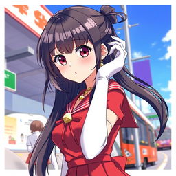 A captivating illustration of a magical girl inspired character with long black hair styled elegantly, wearing a red sailor collar outfit complemented with a pleated skirt