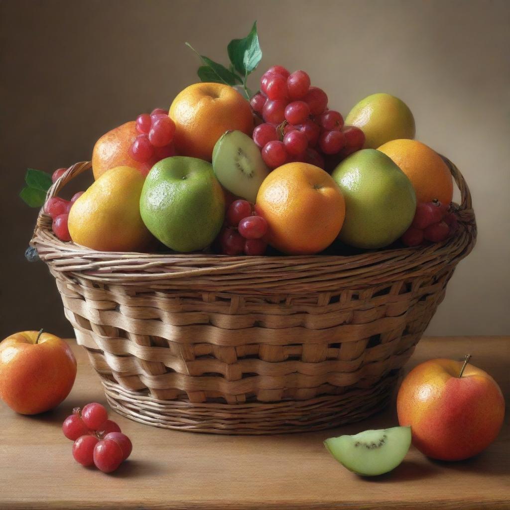 Ultra-detailed, hyperrealistic digital painting of a fruit basket, giving special attention to textures, surfaces, and lighting to create depth, dimension, and a photorealistic appearance.