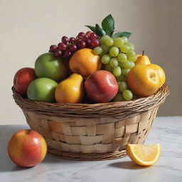 Ultra-detailed, hyperrealistic digital painting of a fruit basket, giving special attention to textures, surfaces, and lighting to create depth, dimension, and a photorealistic appearance.