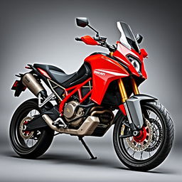 A stunning Ducati Desert X motorcycle prominently displayed against a sleek grey background, showcasing its powerful and rugged design