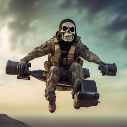 A rifle-armed kidnapper donned in a skeleton face mask and standard bullet-proof vest, daringly gliding on a hover-board in the vast sky.