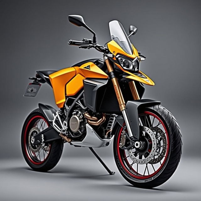 A stunning Ducati Desert X motorcycle prominently displayed against a sleek grey background, showcasing its powerful and rugged design