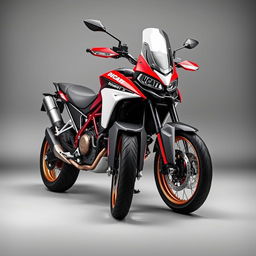 A stunning Ducati Desert X motorcycle prominently displayed against a sleek grey background, showcasing its powerful and rugged design