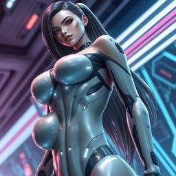 A 3D AI girl with a sleek and futuristic design, exhibiting prominently large breasts