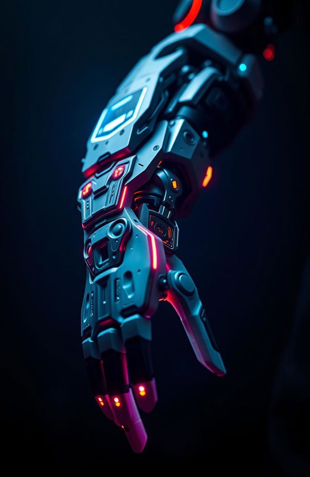 A stunning close-up of a futuristic cybernetic arm with intricate designs and a glowing interface, set against a dark, moody background