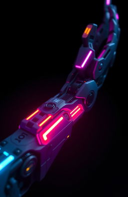 A stunning close-up of a futuristic cybernetic arm with intricate designs and a glowing interface, set against a dark, moody background